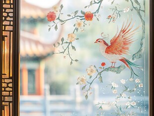 中式窗景上的花鸟图