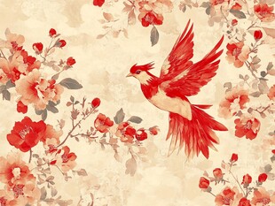 红鸟繁花中式唯美图案