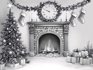 圣诞壁炉旁的温馨节日场景