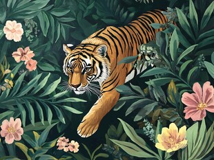 丛林猛虎穿行繁花绿叶间