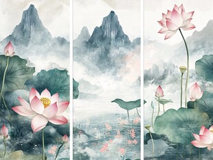 水墨荷花山水三联画