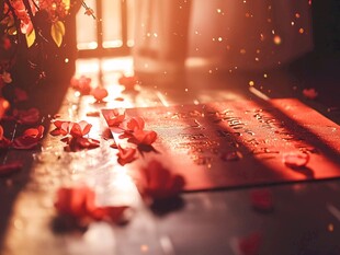 阳光洒落玫瑰花瓣与信件