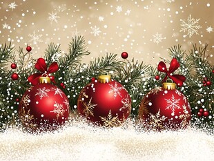 圣诞装饰球与松枝雪景