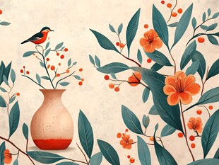 花瓶旁的花鸟植物插画