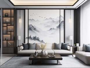 中式客厅山水壁画优雅风