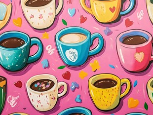 多彩咖啡杯与爱心图案背景