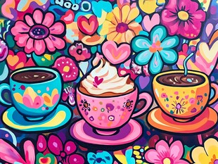 缤纷花卉中的可爱咖啡杯