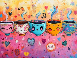 可爱笑脸咖啡杯梦幻插画