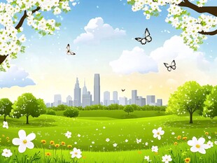 春日城市边的绿野繁花景