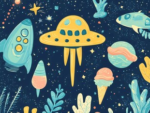 梦幻太空飞船与星球插画