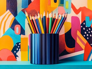 多彩铅笔插于条纹笔筒中