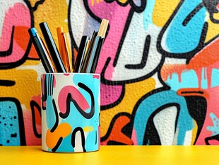 彩色笔筒与多彩涂鸦背景