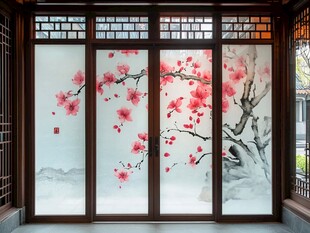 中式窗棂上的红梅雅致图景