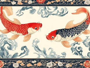 双锦鲤戏浪中式祥瑞图