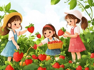 女孩们快乐采摘草莓