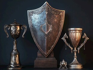 复古金属盾牌与精美奖杯