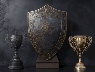 复古盾牌与华丽奖杯展示