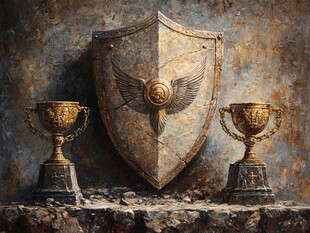 复古盾牌与双奖杯陈列
