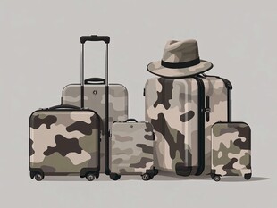 迷彩行李箱与时尚旅行帽