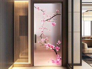 粉色花枝入户门装饰图