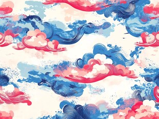 水彩风格海浪云朵图案