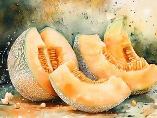 水彩绘甜瓜切片诱人画面
