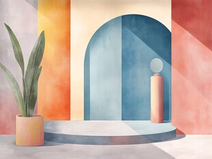 简约拱门旁的绿植展示台