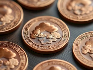 中式花纹铜币特写