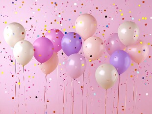 粉色系气球与缤纷彩屑