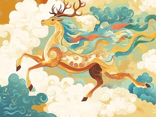 祥瑞仙鹿腾云驾雾图
