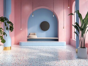 梦幻粉蓝室内植物装饰空间