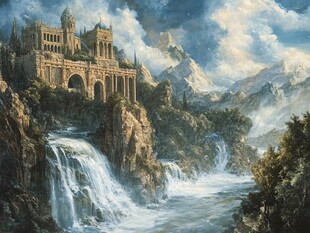 山间城堡瀑布奇幻景观