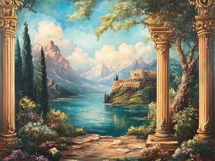 古典柱间的山水梦幻景致