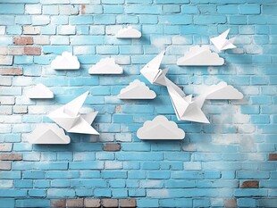 蓝墙纸飞机与云朵创意画面