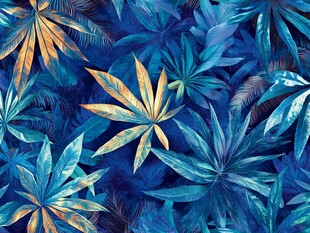 蓝调热带植物叶图案背景