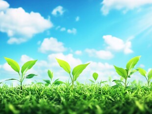 嫩绿新芽在蓝天草地间生长