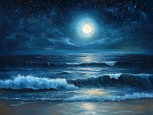 月夜下的海浪与星空