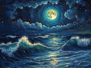 月夜下的汹涌海浪