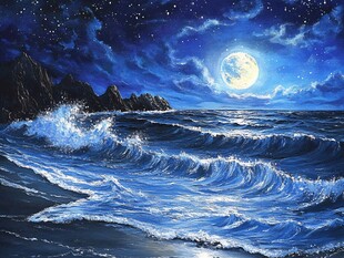 月夜海浪下的梦幻海岸线