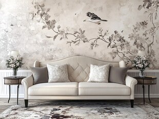 花鸟壁画前的优雅沙发