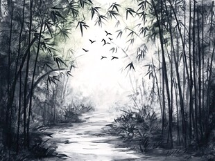 墨韵竹林间飞鸟伴小径