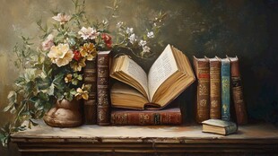 书籍与花卉的静谧静物画
