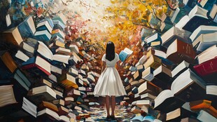 女孩漫步于书的梦幻世界