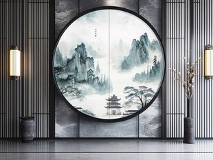中式山水圆形屏风装饰画