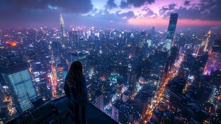 女子俯瞰璀璨都市夜景