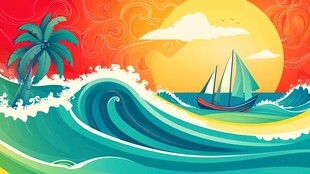 夏日海上帆船与绚烂晚霞