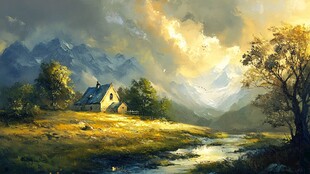 山间小屋晨光美景