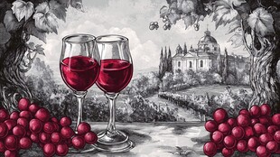 双杯红酒配田园葡萄美景