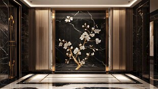 奢华玄关处的花卉艺术壁画