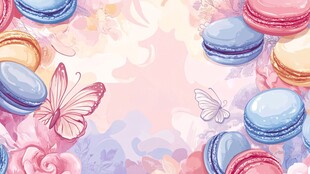 梦幻马卡龙与蝴蝶花卉背景